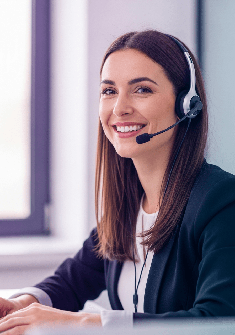 Tamara, the AI phone receptionist, wearing a headset and smiling