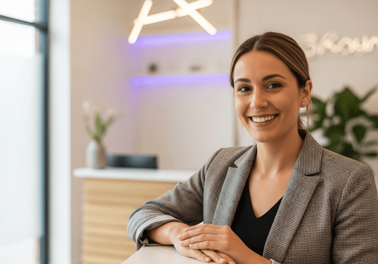 A small business owner smiling at the front desk